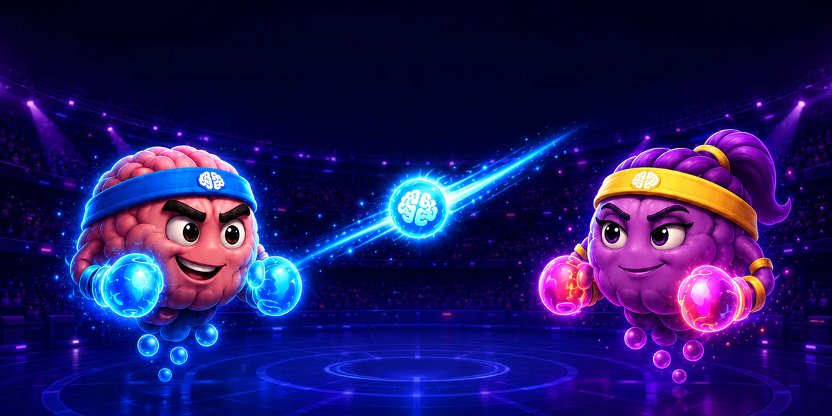 Two BrainSlap brain fighters facing each other in a neon trivia arena
